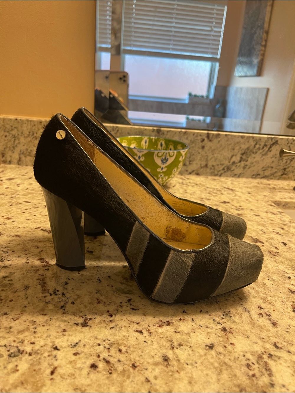 Calvin Klein Black and Gray Striped Platform Heels